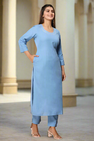 Blue Handloom Cotton Straight Kurta with Pockets