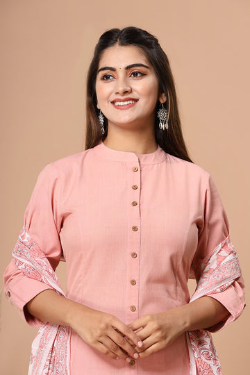 Salmon Pink Handloom Cotton A-line Kurta with Pockets