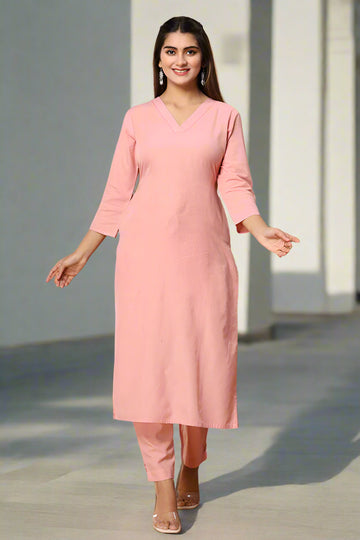 Salmon Pink Handloom Cotton Straight Kurta with Pockets
