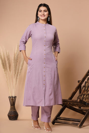 Violet Handloom Cotton A-line Kurta with Pockets