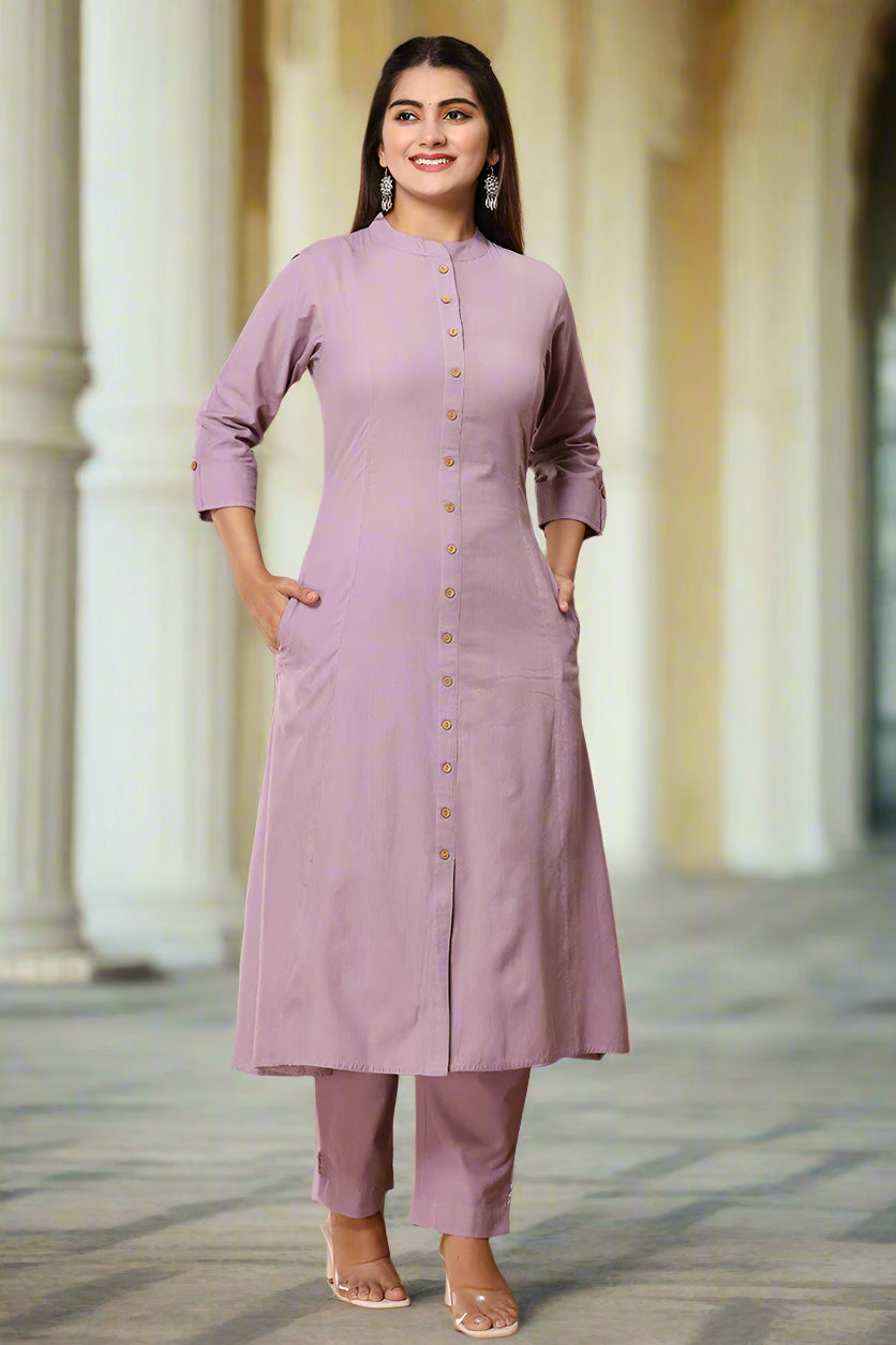 Violet Handloom Cotton A-line Kurta with Pockets