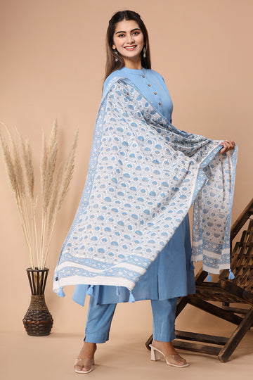 Blue Printed Organic Mulmul Dupatta