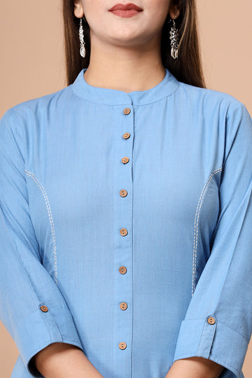 Blue Handloom Cotton A-line Kurta with Pockets