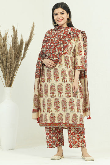 Beige Red Organic Mulmul Dupatta