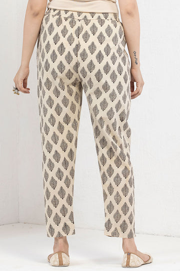 Beige Black Organic Cotton Narrow Pants