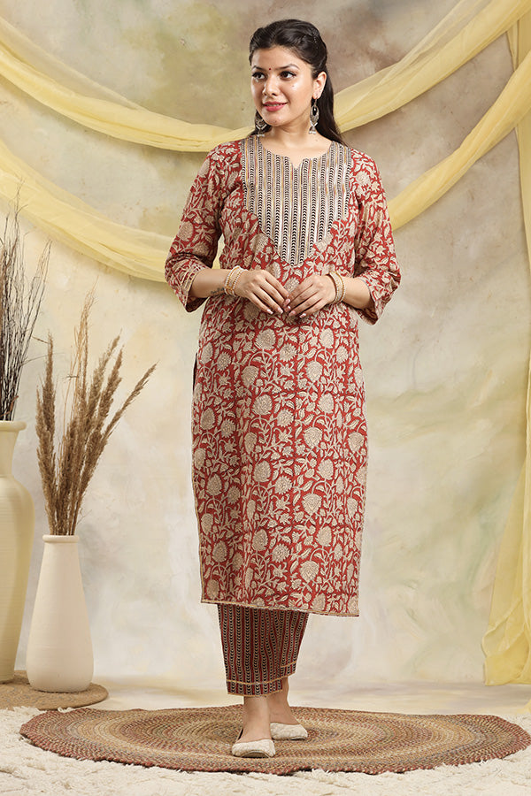Red Gold Cotton Straight Kurta