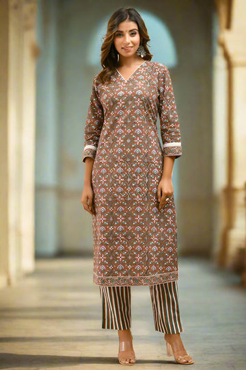 Brown Printed Organic Cotton Straight Kurta