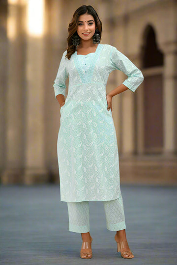 Powder Green Organic Cotton Straight Kurta with Pockets