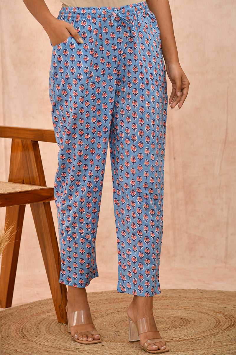 comfort fit ankle length narrow pants  - grey blue yellow buttas main image 1