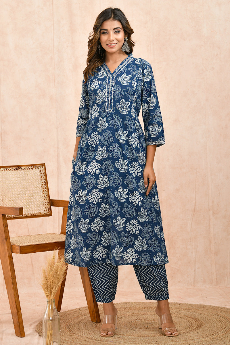 White Blue Organic Cotton A-line Kurta with Pockets
