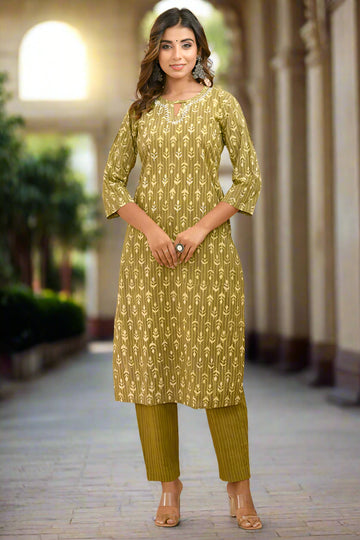 Olive Green Organic Cotton Straight Kurta