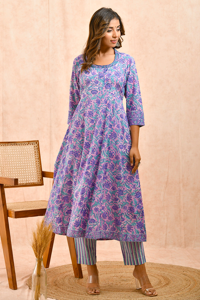 Purple v neck anarkali cotton kurta main image 0