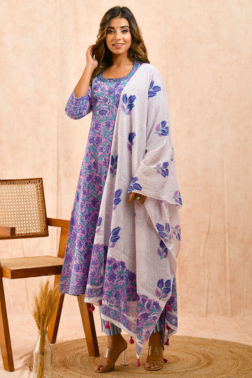 White Purple Organic Mulmul Dupatta