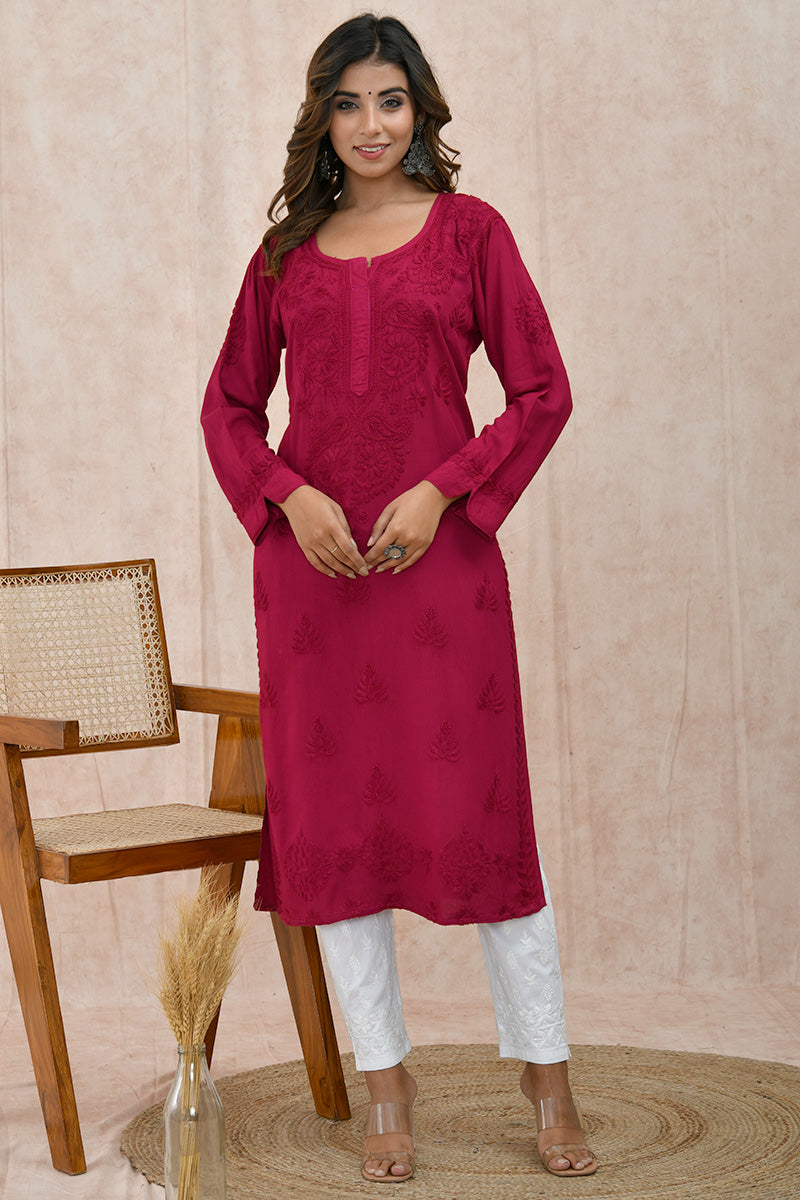 Dark Pink Chikankari Cotton Modal Straight Kurta