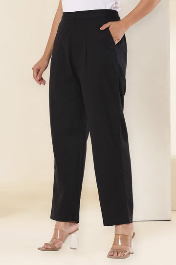Black Cotton Linen Narrow Pants