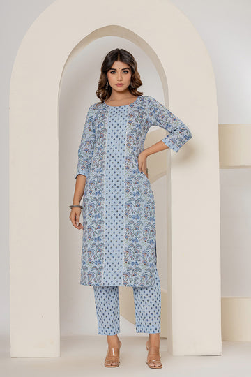 Powder Blue Cotton Straight Kurta