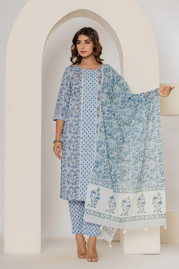 Powder Blue Printed Mulmul Dupatta