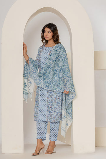 Powder Blue Printed Mulmul Dupatta