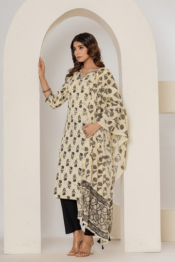 Beige Printed Mulmul Dupatta