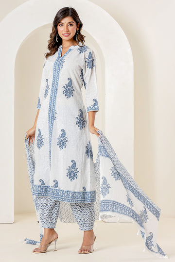 White Blue Organic Mulmul Dupatta
