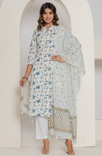 White Blue Printed Mulmul Dupatta