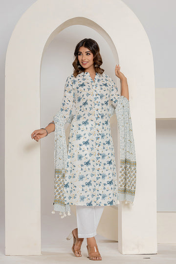 White Blue Printed Mulmul Dupatta