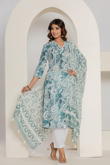 Green Printed Mulmul Dupatta