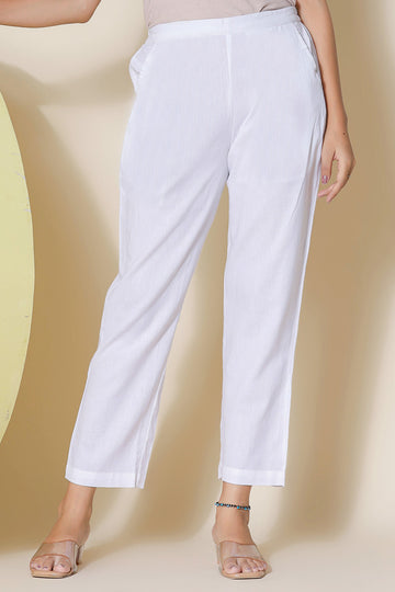White  Cotton Linen Narrow Pants