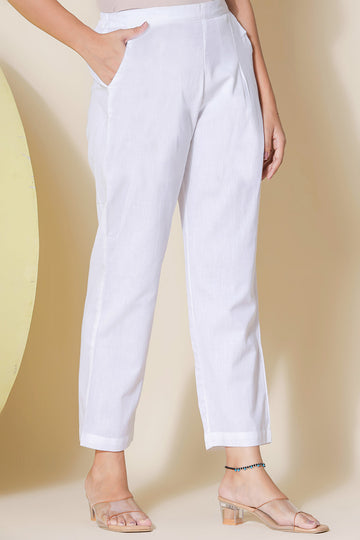 White  Cotton Linen Narrow Pants