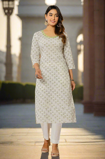 Lime Green Printed Cotton Straight Kurta