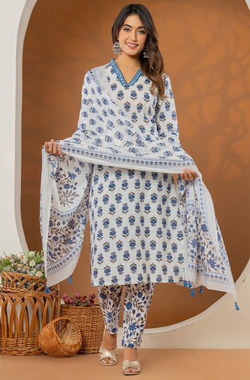 White Blue Printed Mulmul Dupatta