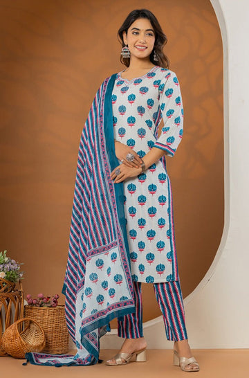 Blue Pink Printed Mulmul Dupatta