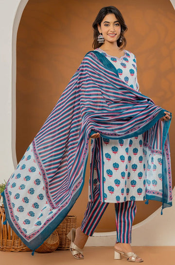 Blue Pink Printed Mulmul Dupatta