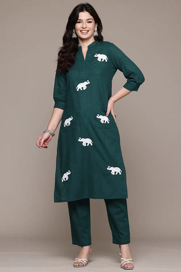 Green Hathi Embroidery Linen Co-ord Set