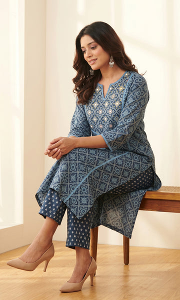 Indigo Blue Printed Cotton Straight Kurta