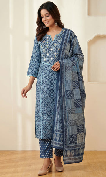 Blue Printed Mulmul Dupatta