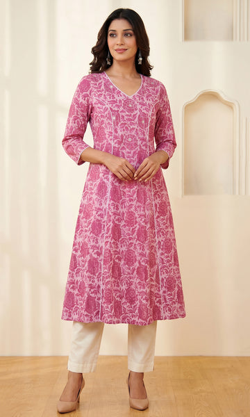 Pink Cotton A-Line Kurta with Lace