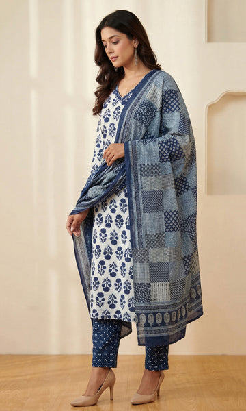 Blue Printed Mulmul Dupatta