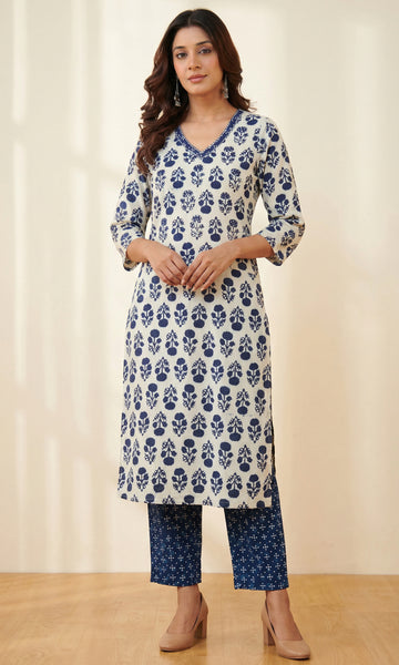 Indigo Printed Cotton Straight Kurta