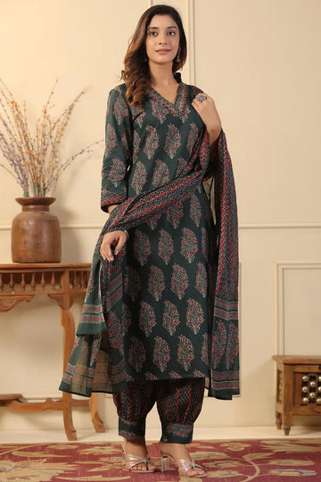 Ethnic Motif Printed Straight Cotton Suit Set
