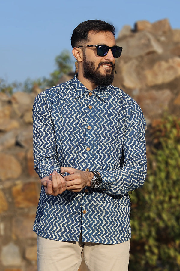 Handblock  Printed Indigo Shirt in Organic Cotton