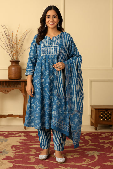 Blue Beige Printed Cotton A-Line Suit Set
