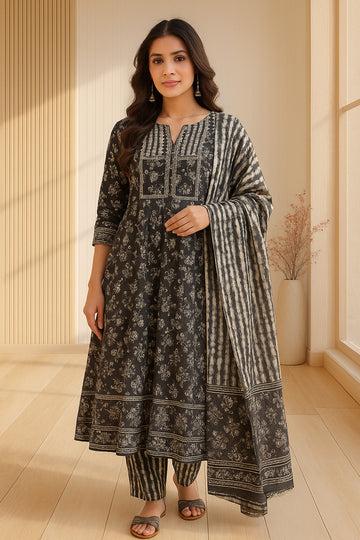 Grey Beige Printed Cotton A-Line Suit Set