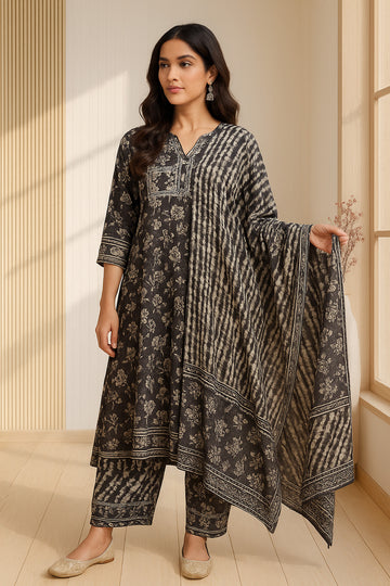 Grey Beige Printed Cotton A-Line Suit Set