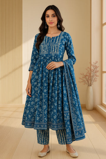Blue Beige Printed Cotton A-Line Suit Set