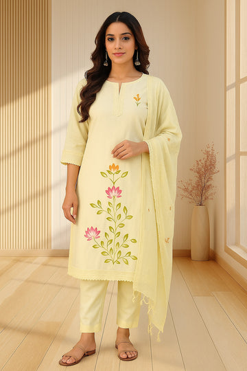 Yellow Embroidered Straight Cotton Suit Set