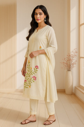 Yellow Embroidered Straight Cotton Suit Set