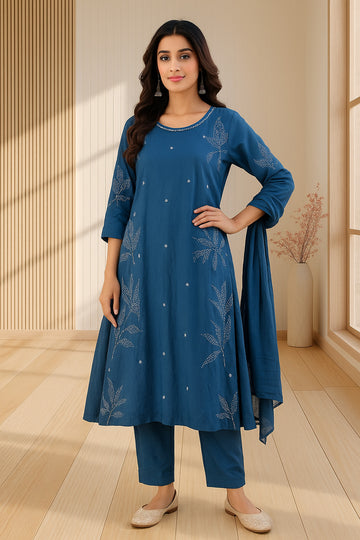 Blue A-Line Cotton Suit Set