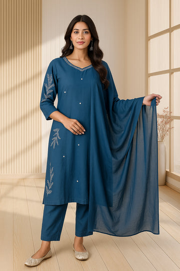 Blue A-Line Cotton Suit Set
