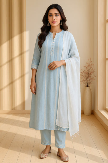 Sky Blue Straight Suit Set with White Lace Work